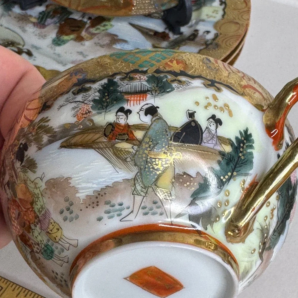 Vintage 5-Pc Kutani Japanese Eggshell Porcelain Teacup & Bread‎ Plates Gold Gilt